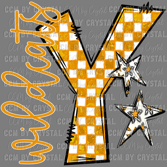 Y Wildcats Gold Checkered Mascot Ready to Press Transfer DTF Transfer Sublimation Transfer