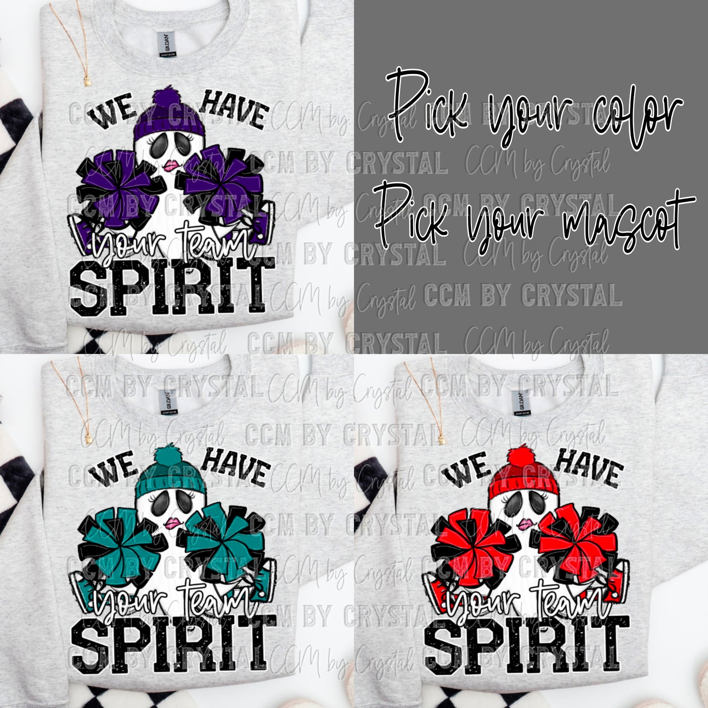 Pick Your Mascot Pick Your Color Ghost Cheerleader We Have Spirit Ready to Press Transfer DTF Transfer Sublimation Transfer (Copy)