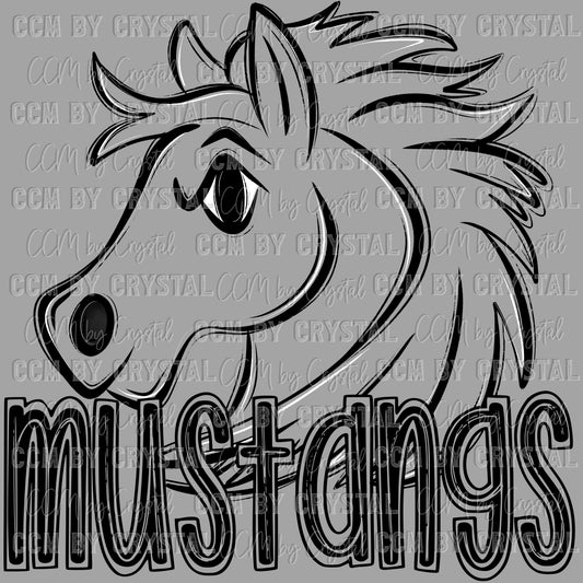 Mustangs Doodle Mascot Sports Ready to Press Transfer DTF Transfer Sublimation Transfer