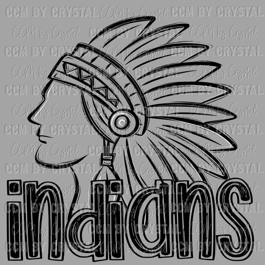 Indians Doodle Mascot Sports Ready to Press Transfer DTF Transfer Sublimation Transfer