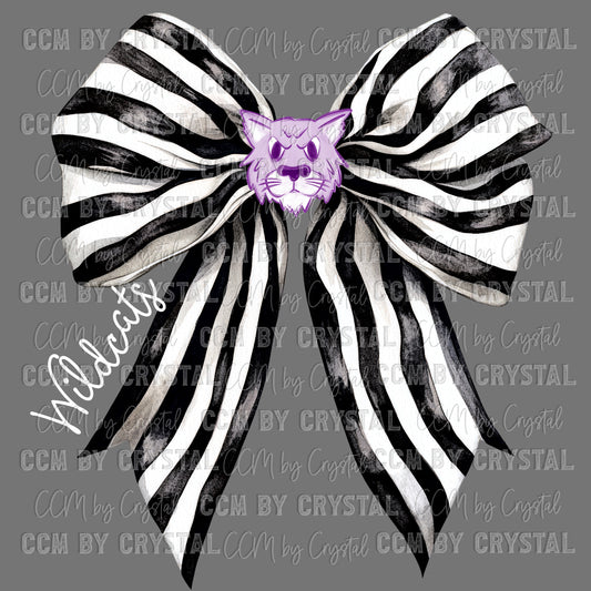 Purple Wildcats Black and White Bow Mascot Ready to Press Transfer DTF Transfer Sublimation Transfer