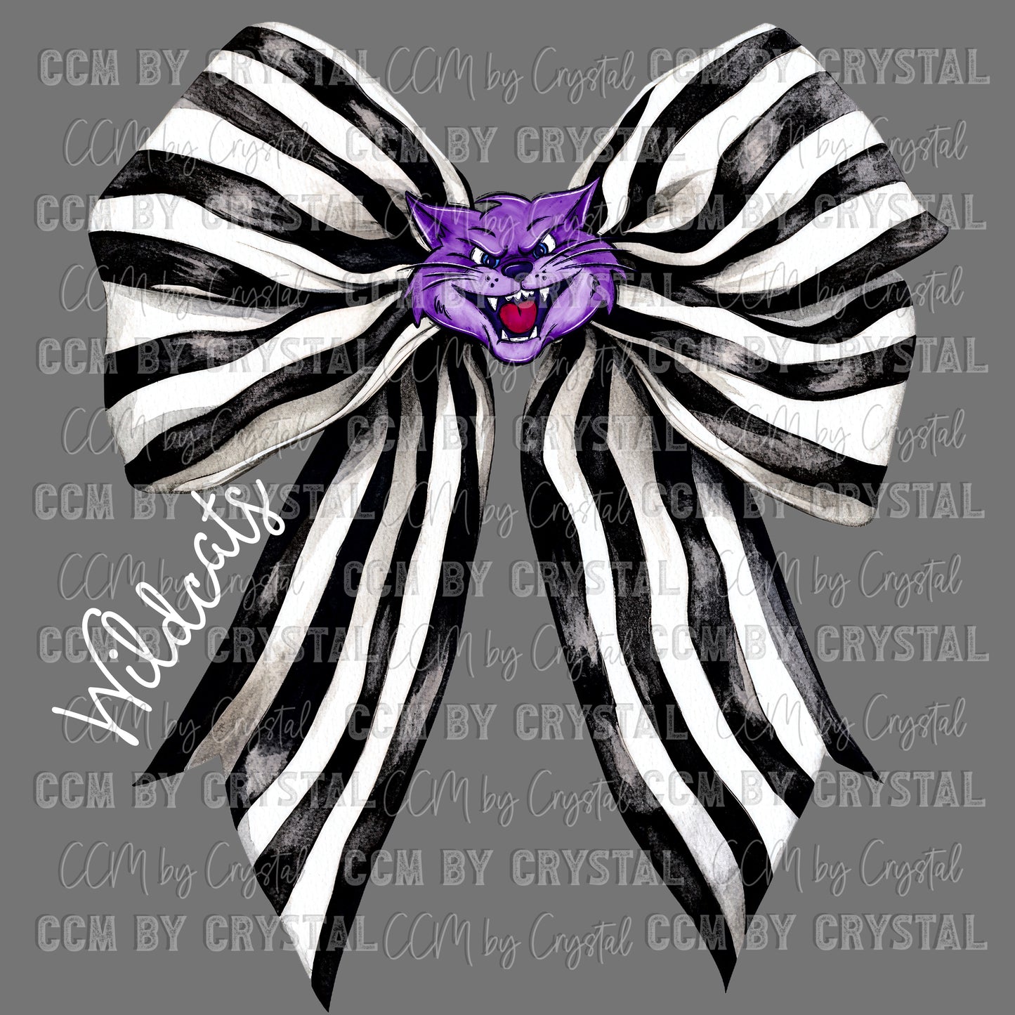 Purple Wildcats Black and White Bow Mascot Ready to Press Transfer DTF Transfer Sublimation Transfer