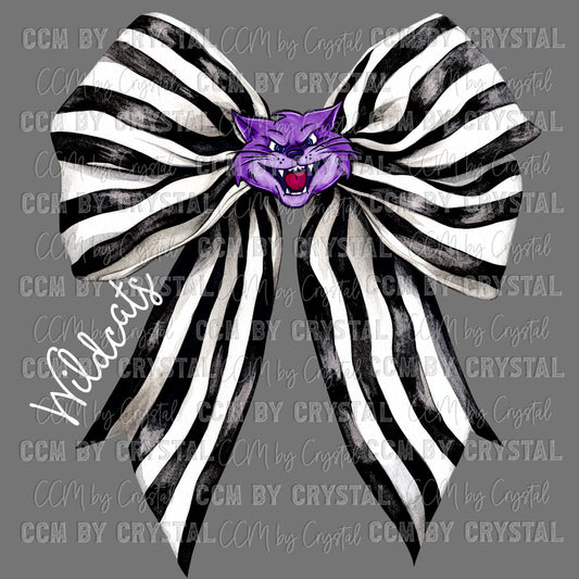 Purple Wildcats Black and White Bow Mascot Ready to Press Transfer DTF Transfer Sublimation Transfer