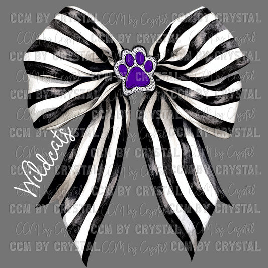 Wildcats Black and White Bow Mascot Purple Paw Ready to Press Transfer DTF Transfer Sublimation Transfer