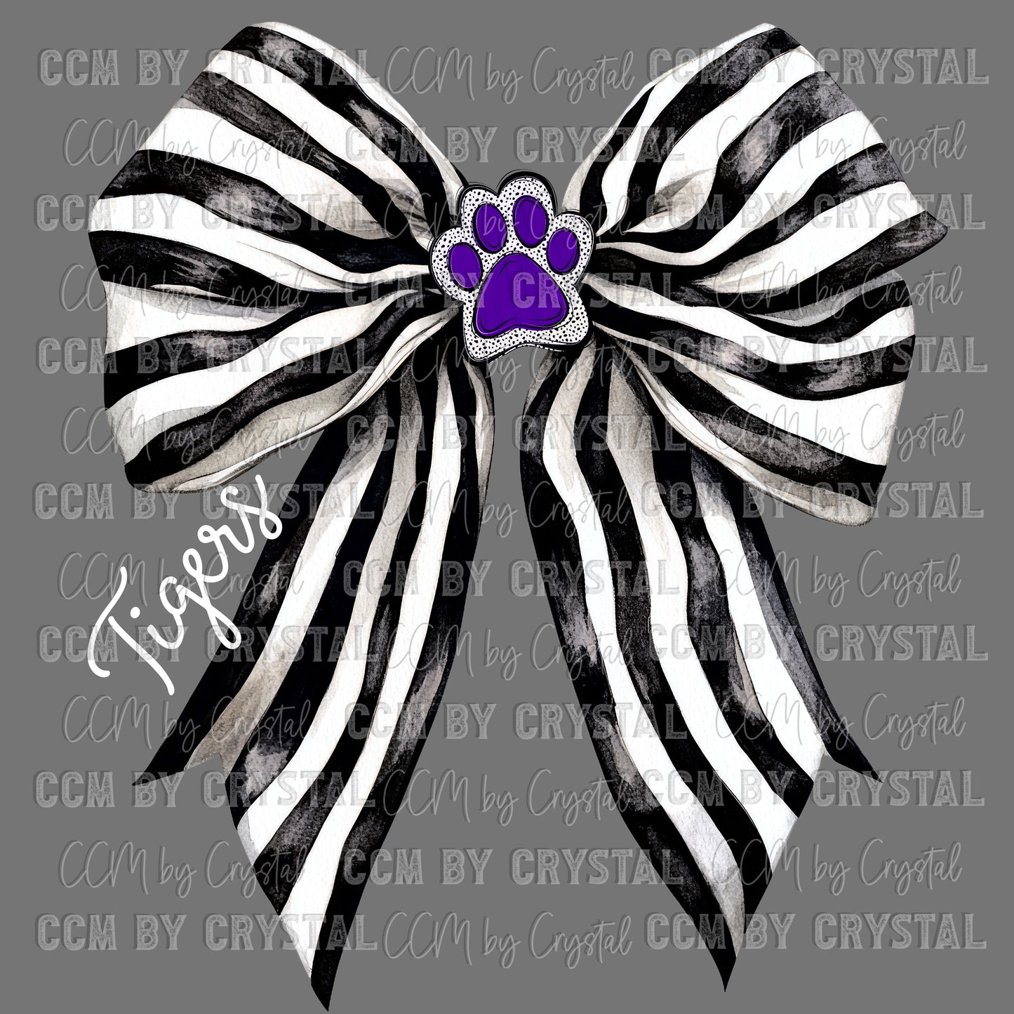 Tigers Black and White Bow Mascot Purple Paw Ready to Press Transfer DTF Transfer Sublimation Transfer