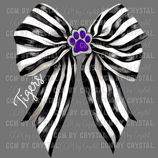 Tigers Black and White Bow Mascot Purple Paw Ready to Press Transfer DTF Transfer Sublimation Transfer