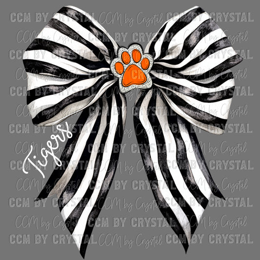 Tigers Black and White Bow Mascot Orange Paw Ready to Press Transfer DTF Transfer Sublimation Transfer