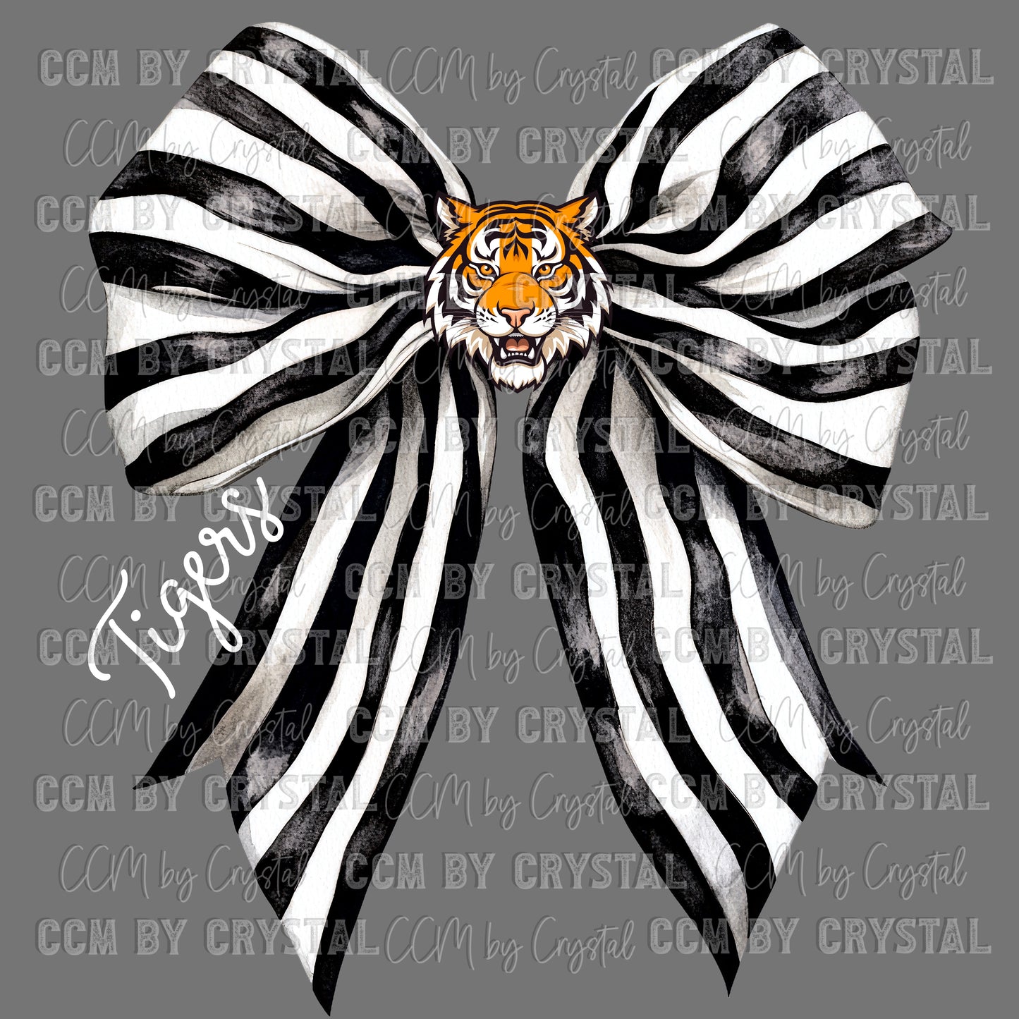 Tigers Black and White Bow Mascot Tiger Face Ready to Press Transfer DTF Transfer Sublimation Transfer