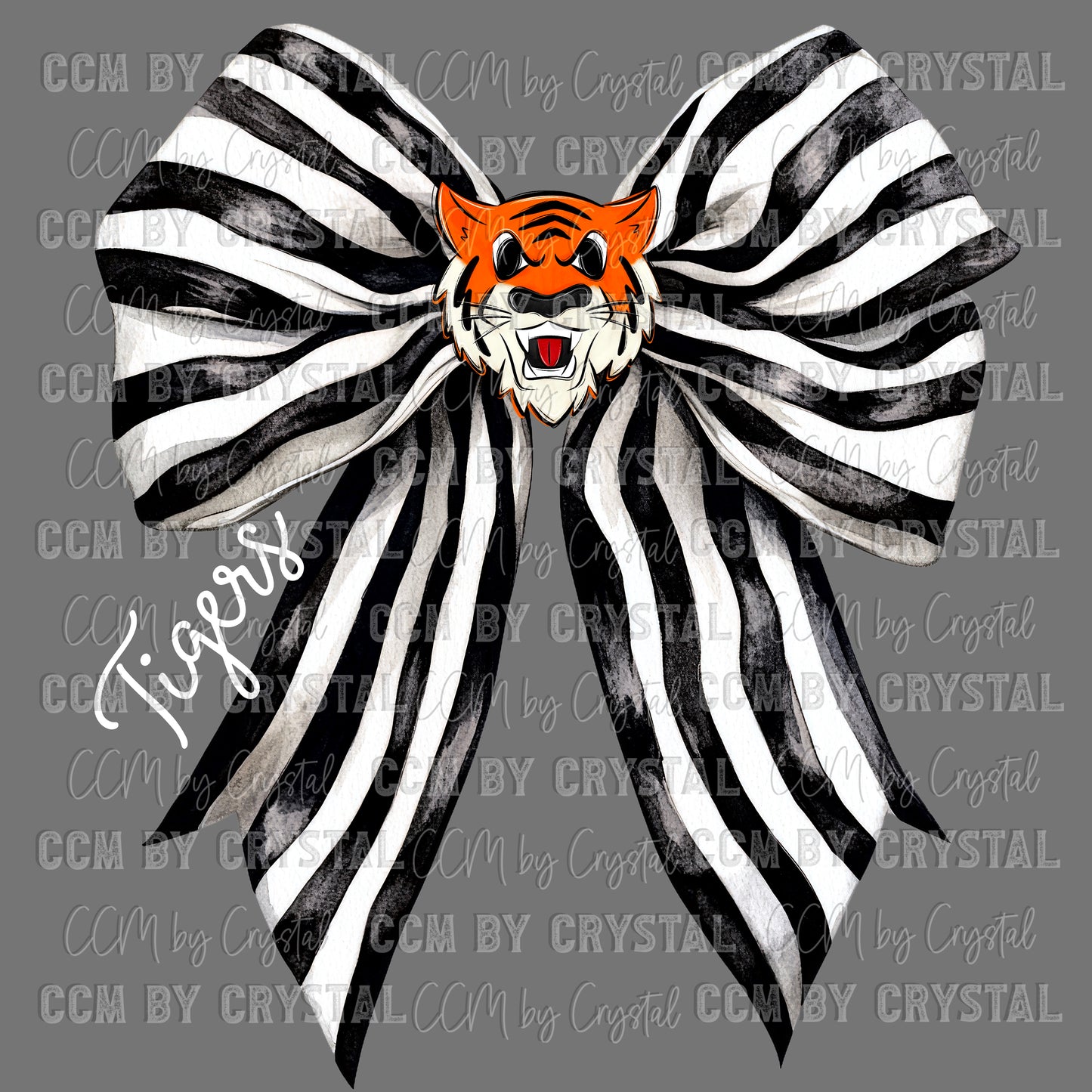 Tigers Black and White Bow Mascot Tiger Face Ready to Press Transfer DTF Transfer Sublimation Transfer