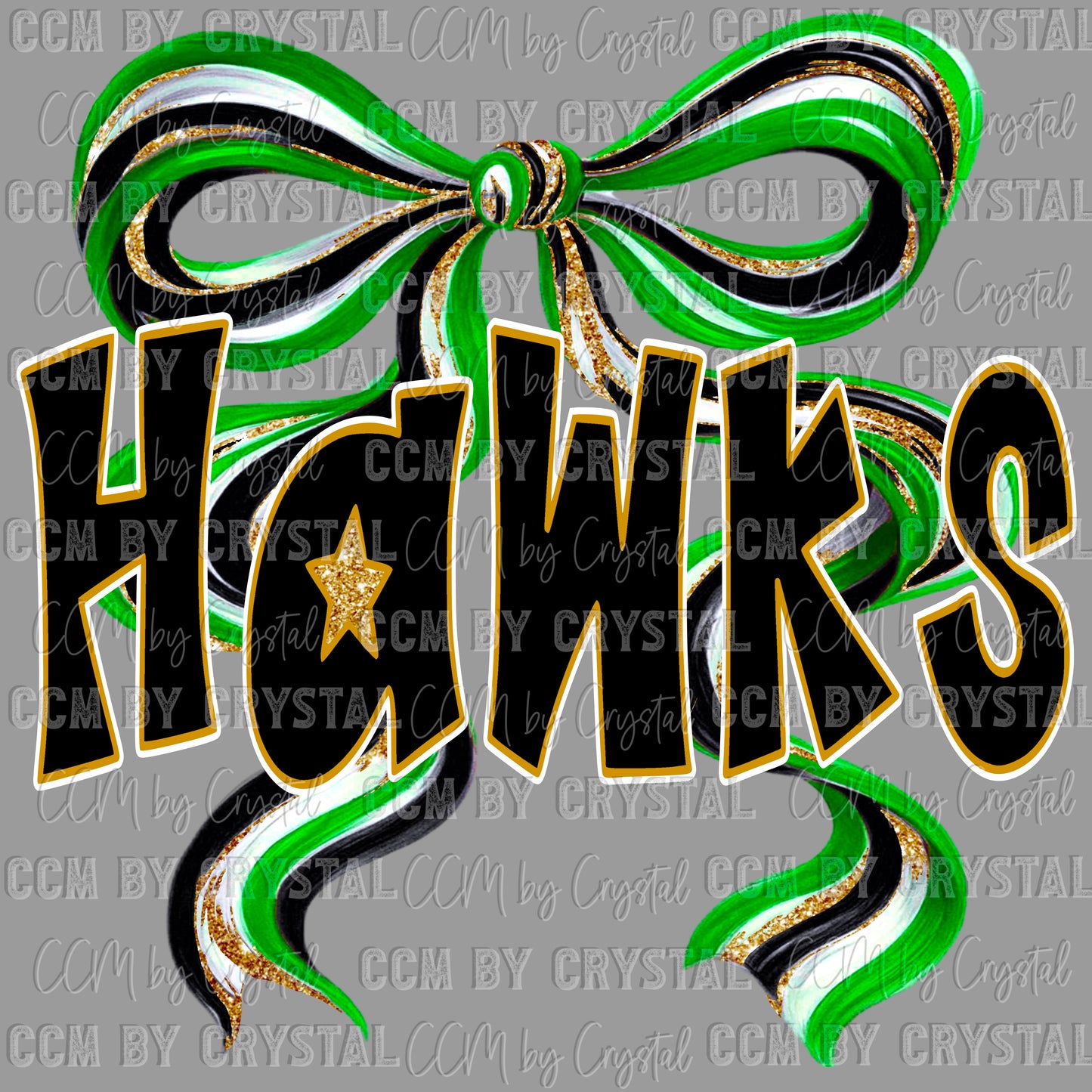 Hawks Mascot Green Gold Bow Ready to Press Transfer DTF Transfer Sublimation Transfer