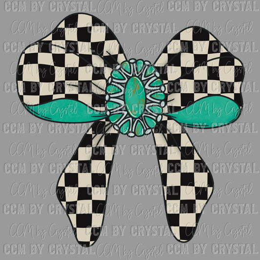 Checkered Bow Turquoise  Ready to Press Transfer DTF Transfer Sublimation Transfer