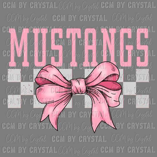 Mustangs Pink Bow Checkered Mascot Ready to Press Transfer DTF Transfer Sublimation Transfer
