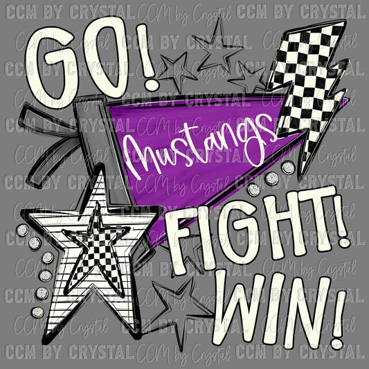 Go Fight Win Mustangs Purple Pennant Mascot Ready to Press Transfer DTF Transfer Sublimation Transfer