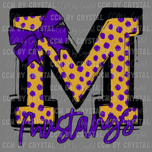 M Mustangs Gold Purple Mascot Ready to Press Transfer DTF Transfer Sublimation Transfer