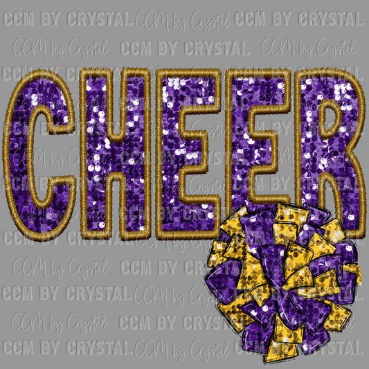 Cheer Purple Gold Faux Sequins Faux Embroidery PNG Digital File ONLY