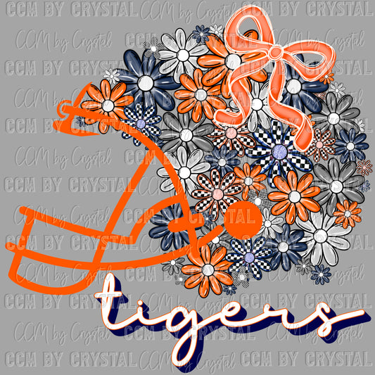 Tigers Floral Helmet Navy Orange Mascot Ready to Press Transfer DTF Transfer Sublimation Transfer