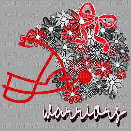 Warriors Floral Helmet Red Mascot Ready to Press Transfer DTF Transfer Sublimation Transfer