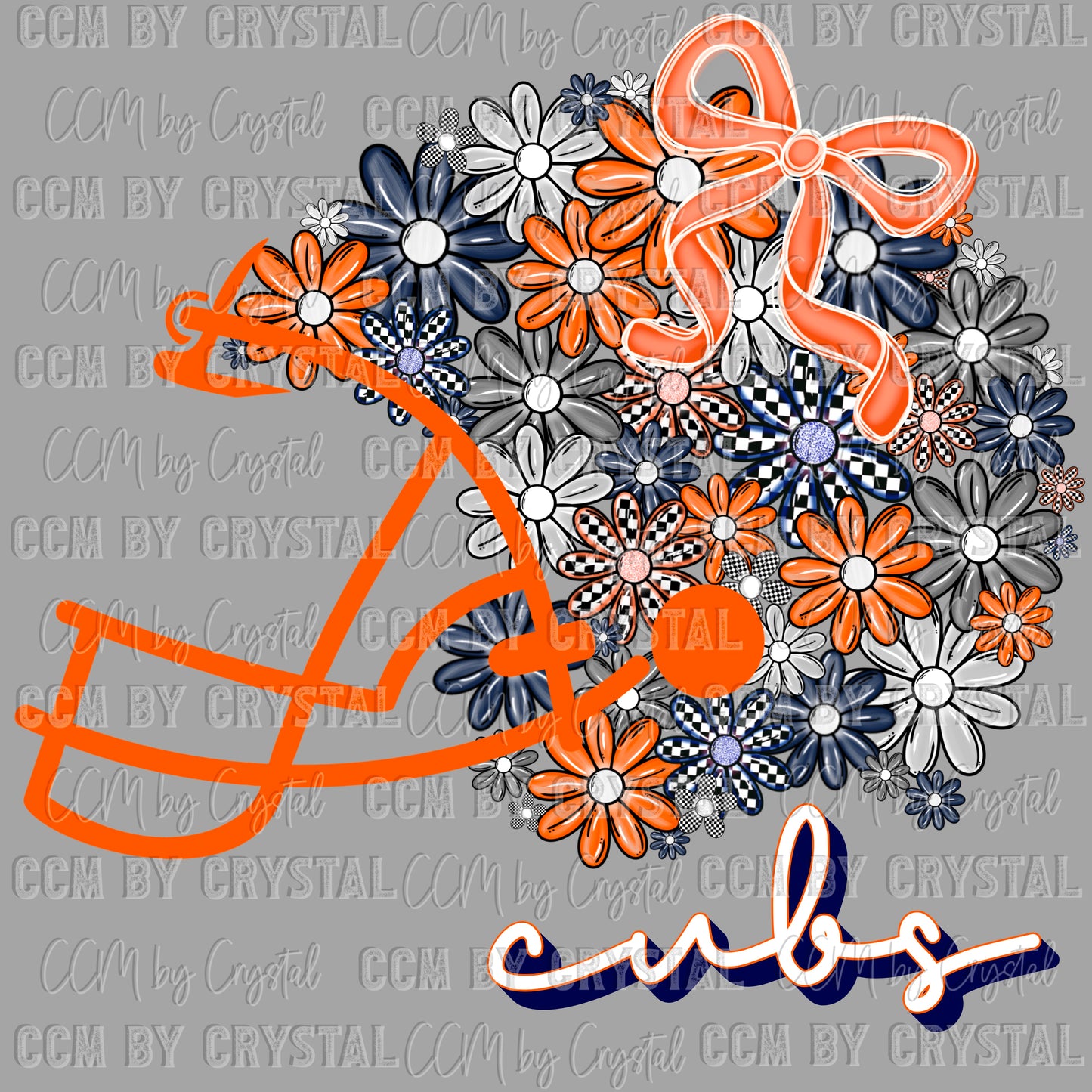 Cubs Floral Helmet Navy Orange Mascot Ready to Press Transfer DTF Transfer Sublimation Transfer