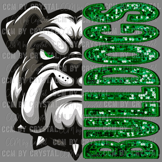 Bulldogs Green Mascot Faux Sequins Faux Embroidery Ready to Press Transfer DTF Transfer Sublimation Transfer
