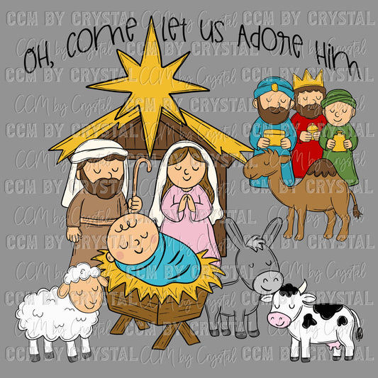 Oh Come Let Us Adore Him Manger Jesus Christmas Ready to Press Transfer DTF Transfer Sublimation Transfer