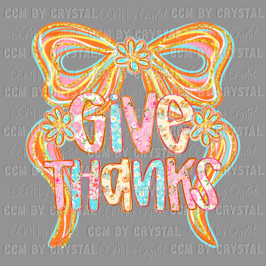 Give Thanks Bow Fall Thanksgiving Ready to Press Transfer DTF Transfer Sublimation Transfer