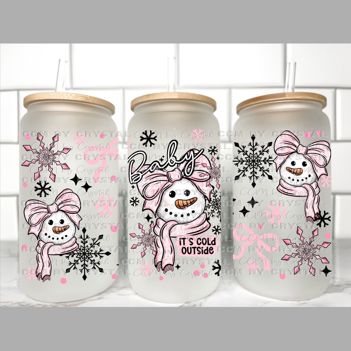 Baby It’s Cold Outside Winter Christmas Snowman Transfer 16oz Libby Glass Can Wrap Ready to Apply