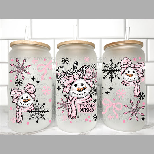 Baby It’s Cold Outside Winter Christmas Snowman Transfer 16oz Libby Glass Can Wrap Ready to Apply