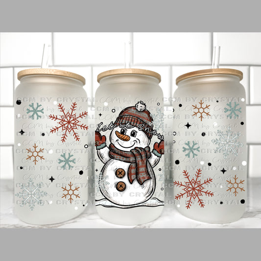 Let It Snow Snowman Winter Christmas Transfer 16oz Libby Glass Can Wrap Ready to Apply