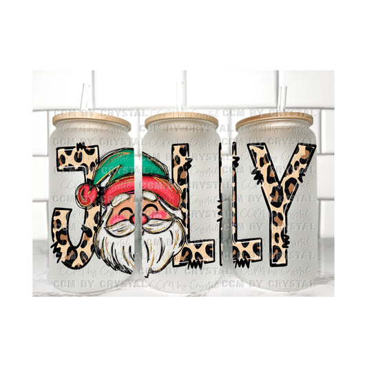 Leopard Jolly Santa Winter Christmas Transfer 16oz Libby Glass Can Wrap Ready to Apply