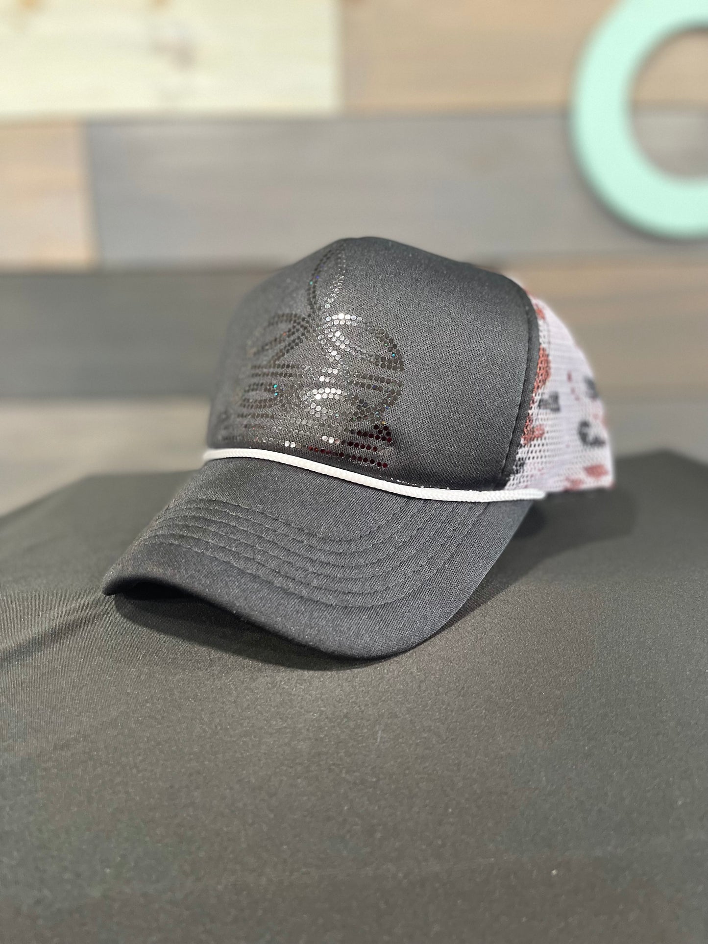 Boot Stitch Cow Print Spangle Trucker Hat