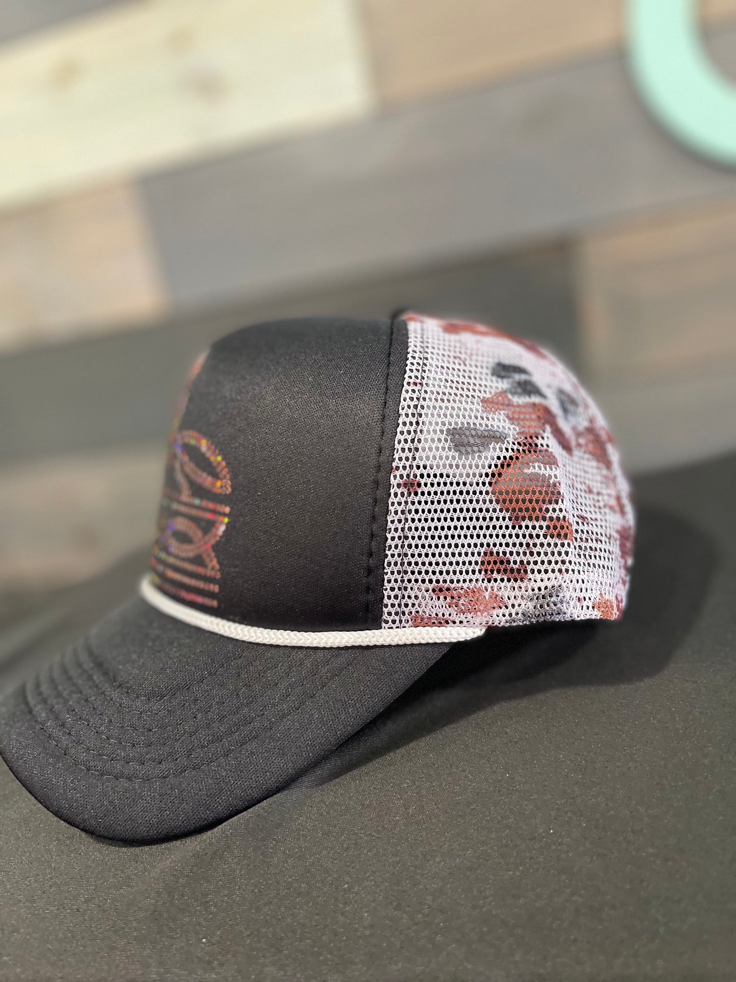 Boot Stitch Cow Print Spangle Trucker Hat