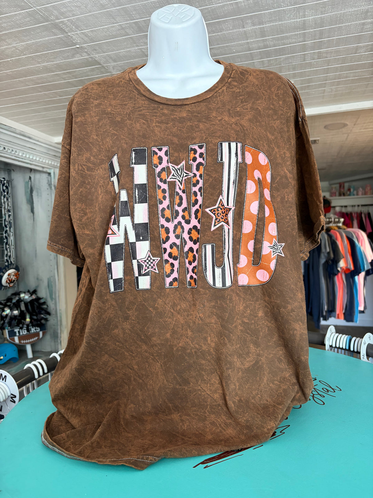 WWJD What would Jesus Do Brown Acid Wash T Shirt