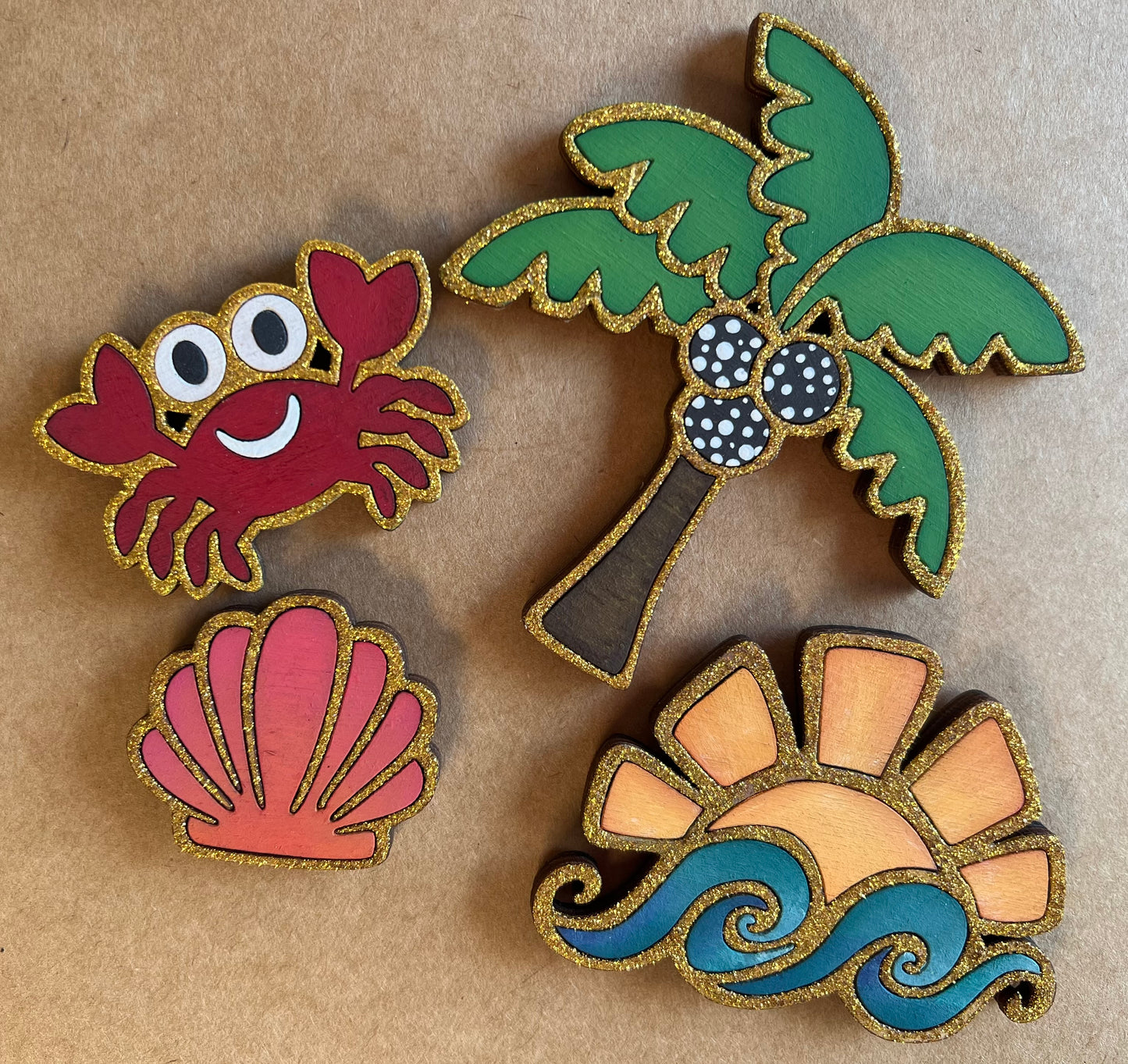 Refrigerator Magnets Beach Summer Set of 4 Palm Tree, Shell, Crab, Wave with Sun
