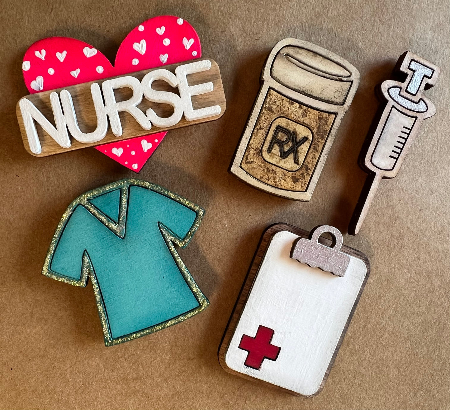 Refrigerator Magnets Nurse Set of 5 Nurse Heart, Clip Board, Scrub Top, Needle, RX Bottle