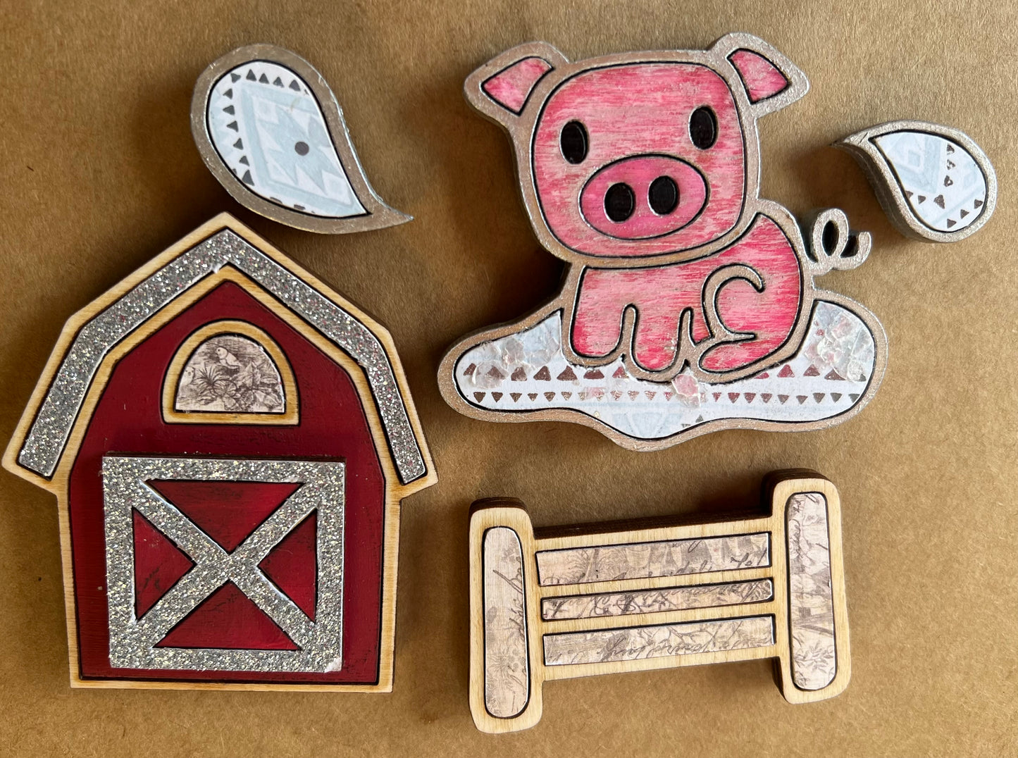 Refrigerator Magnets Pig Set of 5 Pig, Barn, Fence, 2 Water Drops
