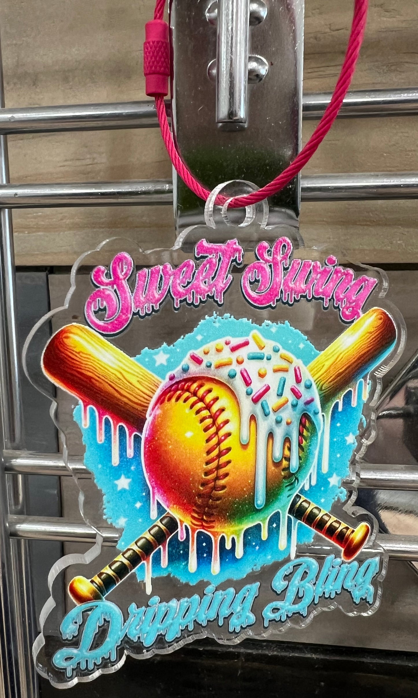 Sweet Swing Dripping Bling Softball Keychain Ball/Bat Bag Tag