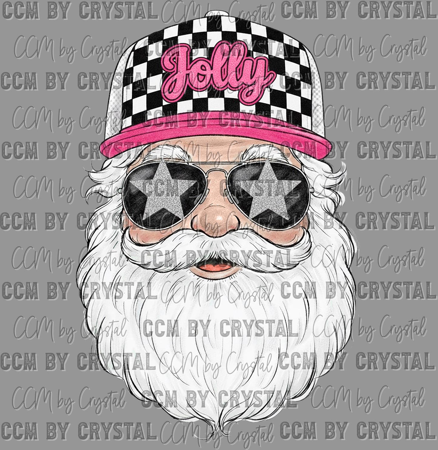Santa with Sunglasses Jolly Christmas Checkered Faux Fake Glitter Ready to Press Transfer DTF Transfer Sublimation Transfer