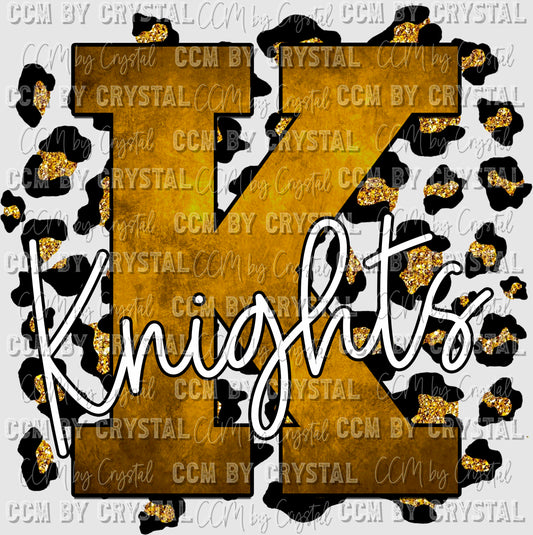 K Knight Pride Gold with Gold Glitter Leopard Mascot Ready to Press Transfer