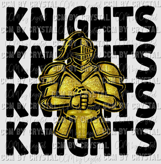 Knights Stacked Gold Glitter Mascot Mascot Ready to Press Transfer