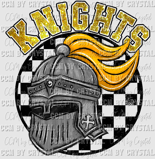 Knights Checkered Background Gold Glitter Mascot Ready to Press Transfer