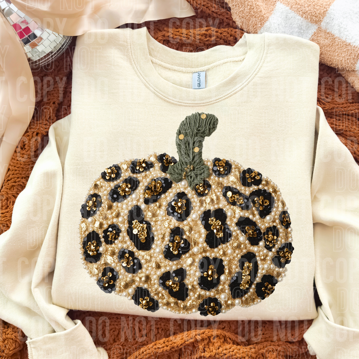 Pumpkin Fall Leopard Print Faux Fake Yarn and Sequin Ready to Press Transfer DTF Transfer Sublimation Transfer