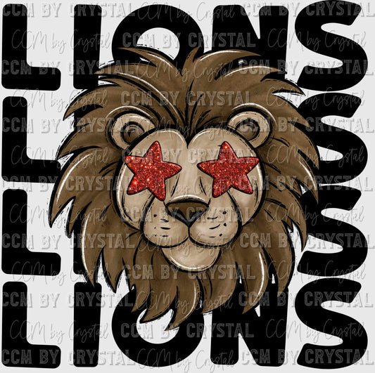 Lions with Red Glitter Stars Mascot Ready to Press Transfer