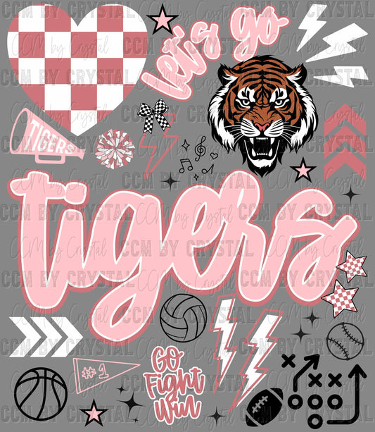 Let's Go Tigers Pink Sports Mascot Ready to Press Transfer DTF Transfer Sublimation Transfer