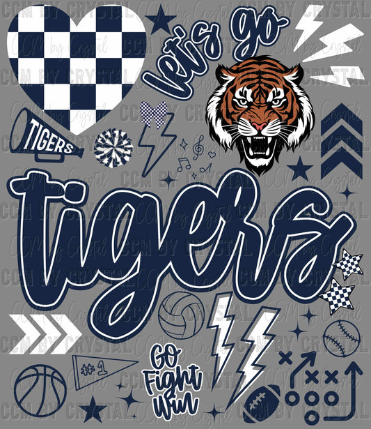 Let's Go Tigers Navy Sports Mascot Ready to Press Transfer DTF Transfer Sublimation Transfer