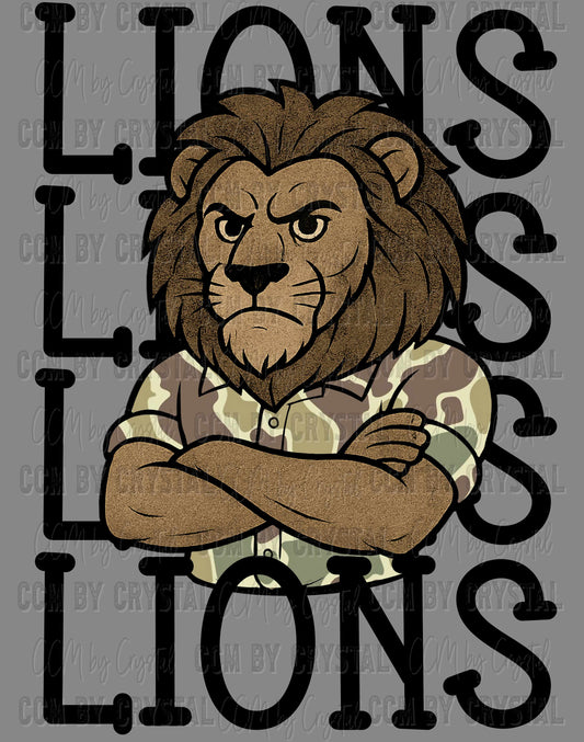 Lions Camo Stacked Sports Mascot Ready to Press Transfer DTF Transfer Sublimation Transfer