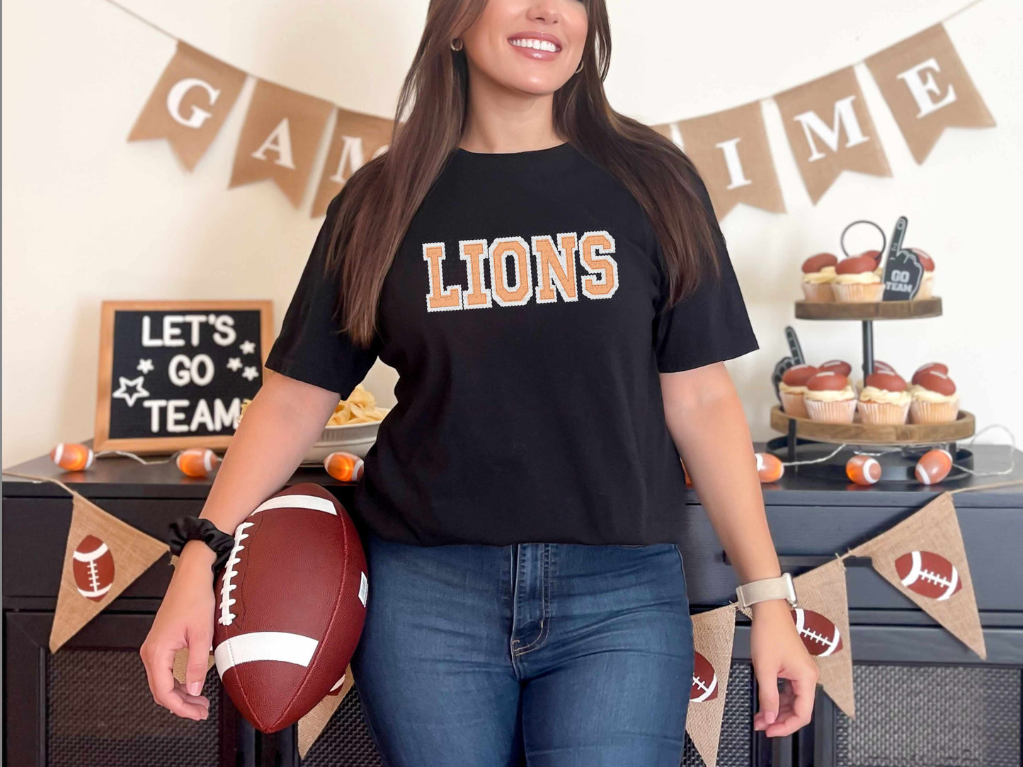Lions Faux Embroidery Orange White Sports Mascot Ready to Press Transfer DTF Transfer Sublimation Transfer