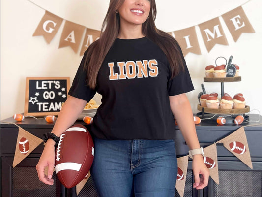 Lions Faux Embroidery Orange White Sports Mascot Ready to Press Transfer DTF Transfer Sublimation Transfer