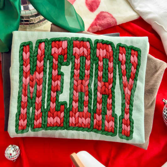 Merry Christmas Faux Fake Yarn Ready to Press Transfer DTF Transfer Sublimation Transfer