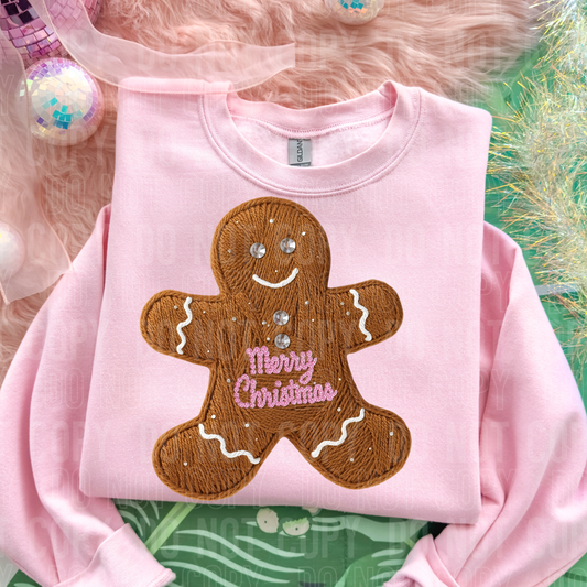 Merry Christmas Gingerbread Man Faux Fake Yarn Ready to Press Transfer DTF Transfer Sublimation Transfer