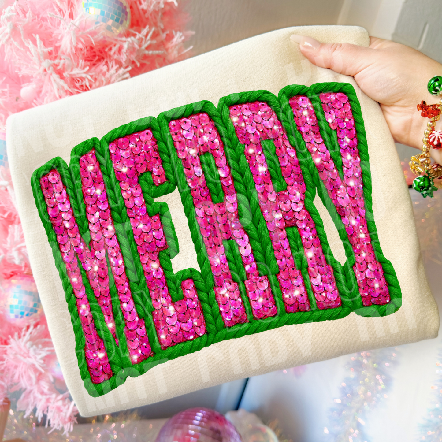 Merry Christmas Faux Fake Yarn and Sequin Ready to Press Transfer DTF Transfer Sublimation Transfer